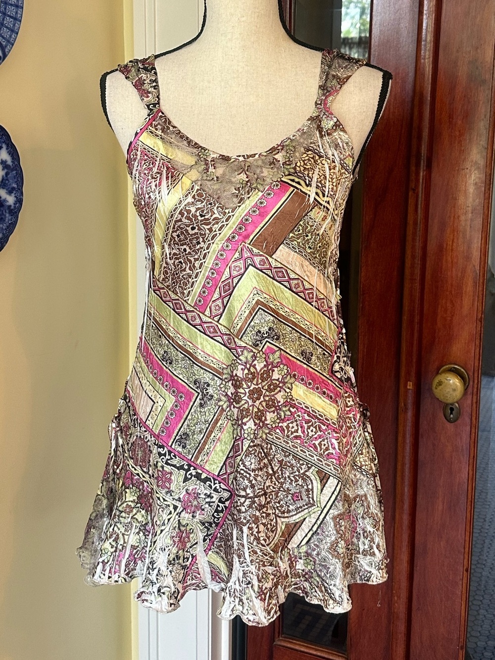 Komarov | Y2K Fairy Patchwork Print Crinkle Tunic Top/Mini Dress Lace Panels, M